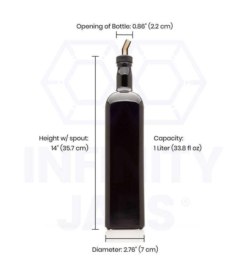 Infinity Jars 1 Liter (34 fl oz) Square Large Ultraviolet Glass Refillable Oil Bottle with Plastic Pour Spout