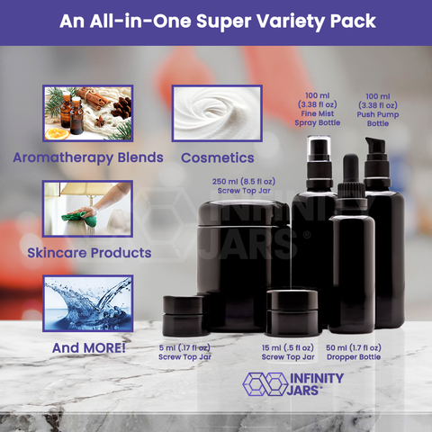 Cosmetic DIY Variety Pack: 5 ml, 15 ml and 250 ml Screw Top Jars, 100 ml Pump, 100 Fine Mist Spray, 50 ml Dropper Bottle