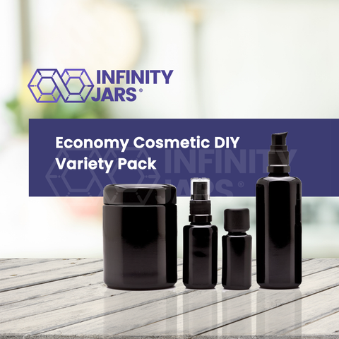 Economy Cosmetic DIY Variety Pack: 250 ml Screw Top Jar, 100 ml Push Pump Bottle, 30 ml Fine Mist Bottle and 15 ml Euro Dropper